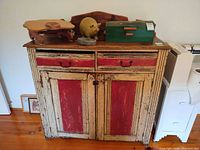 Full view of distressed solid wood dresser sideboard with drawers and doors