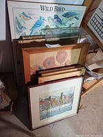 Stack of six framed prints leaning against wall showing bird chart, sunflower print, winter scene