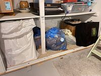 Shelf area showing bag with canvases, blue bag of plush toys, black reusable bag