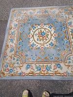 Full view of square pastel blue wool rug with central medallion and floral border
