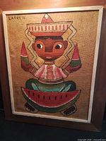 Front view of framed burlap painting showing full artwork and frame
