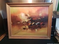 Framed mid-century seascape oil painting front view