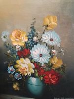 Full view of unframed floral oil painting showing composition and signature