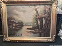Full view of framed moonlit river landscape painting