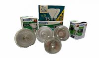 Front view showing four flood bulbs and three Philips boxes