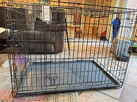 Full side view of black wire dog crate showing removable plastic tray inserted