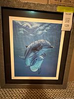 Framed print showing dolphins, black mat, metal frame