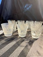 Front view of all ten etched crystal shot glasses