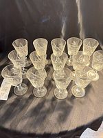 All 14 cordial glasses arranged on table