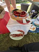 Group view showing round segmented platter, pepper bowls, long chili dish and lobster platter