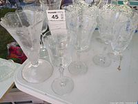Group shot of six etched wine goblets and one etched vase on table