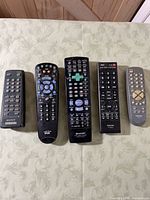 Front view of all five remote controls side by side