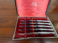 Open case showing six steak knives in velvet dividers
