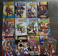 Group shot of 13 sequential Archer & Armstrong comics, bagged with boards, covers visible