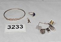 Overview of bracelet, ring, ribbon charm and charm pendant with attached miniature charms
