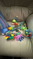 All toys grouped on chair for overall view