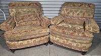 Pair of upholstered tapestry armchairs front view