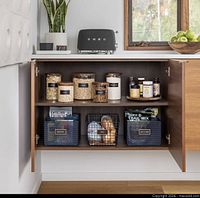 Marketing image showing perforated baskets in pantry shelving