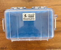 Top view showing Pelican 1050 label on clear lid