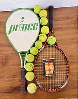 Prince racquet, Wilson racquet, tennis balls, ProPenn box