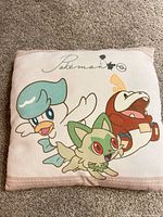 Front view of the Pokémon pillow showing characters and condition