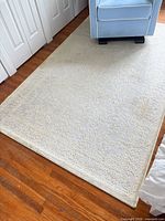 Full view of cream woven area rug beside chair
