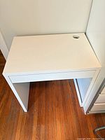 overall view of white desk, top and side panels visible