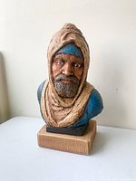 Front view of handmade male bust figurine on base