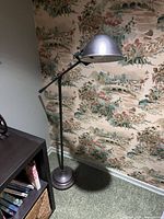 Full view of floor lamp beside shelf