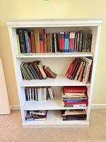 Front view of white bookshelf with shelves