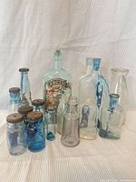 Group shot of all 12 aqua and clear vintage glass bottles