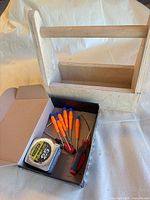 overview of wooden toolbox and box of tools