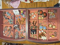 Entire opened jewelry case showing both sides of assorted earrings and pins
