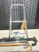 Overall lot with hemi-walker, three canes and accessories