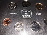Obverse side of coins in specimen holder showing denomination designs and RCM logo