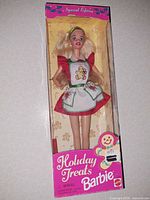 Front view of boxed Holiday Treats Barbie doll