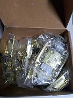 Box filled with individually wrapped brushed gold hinges