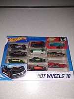 Front view of sealed Hot Wheels 10-car pack showing all vehicles