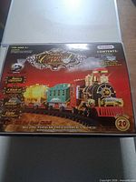 front of boxed Prextex Classic Train set showing locomotive, cars and features