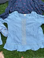 Light blue long-sleeve blouse showing lace panel and ruffled hem