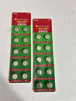 Front of two sealed blister strips showing ten batteries each