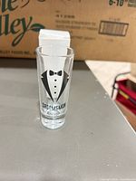 Front view showing tuxedo graphic and text