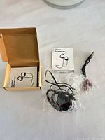 Earphones, spare tips, USB cable, manual and box contents displayed