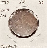 Obverse and reverse views of 1775 halfpenny in 2×2 holder, handwritten details visible