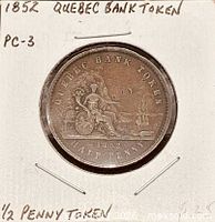 Obverse of 1852 Quebec Bank Token in cardboard flip