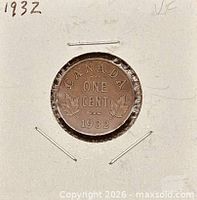 Reverse of 1932 Canadian one-cent coin in holder