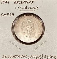 Obverse view of 1941 Argentina 50 centavos coin in flip