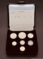 Closed case open displaying seven coins and specification card