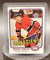 Front view of 1981-82 O-Pee-Chee Doug Jarvis card in plastic sleeve