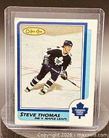 Front of 1986-87 O-Pee-Chee Steve Thomas card in holder